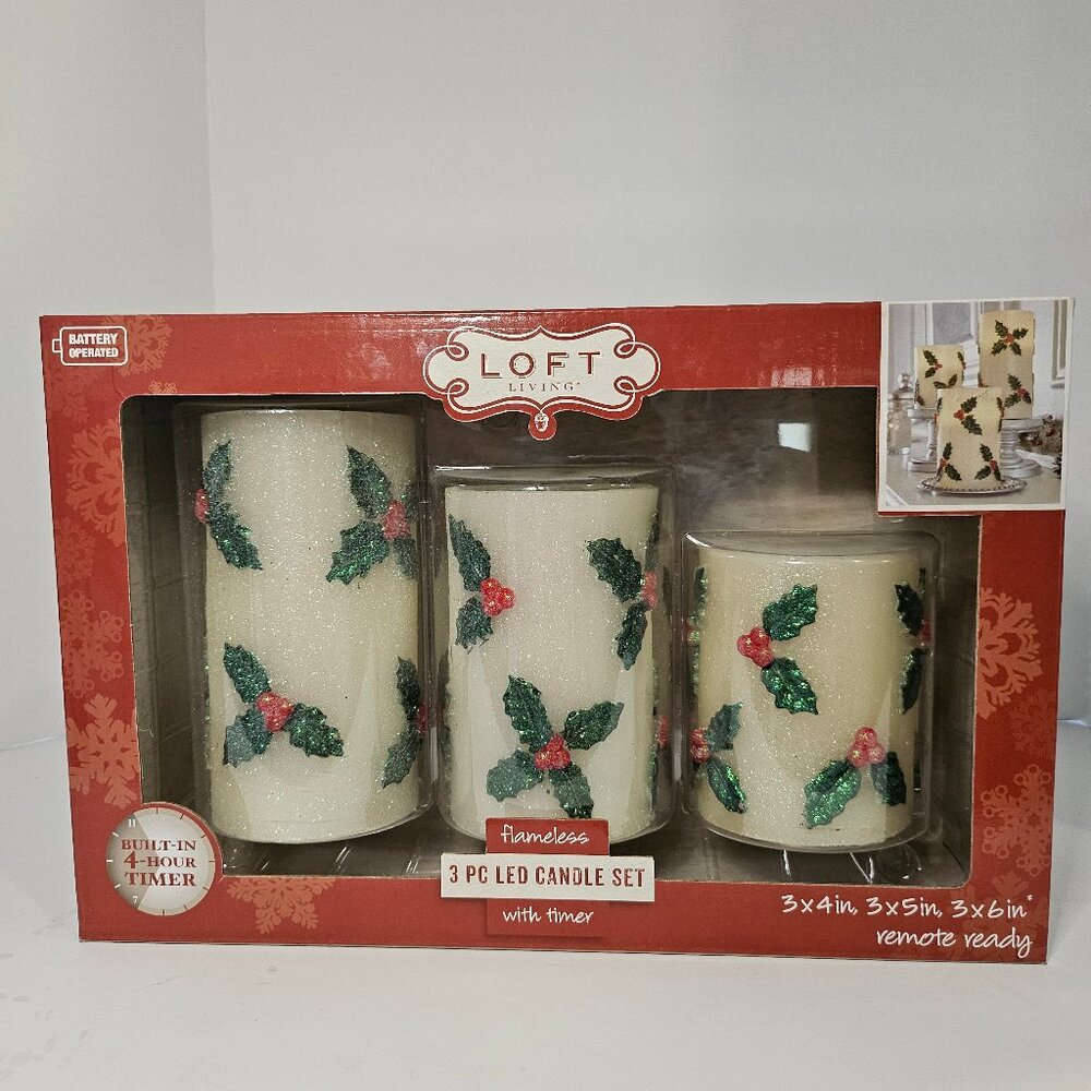 Loft Living Holly Berry Glittered 3 Piece LED Pillar Flameless Candle Set